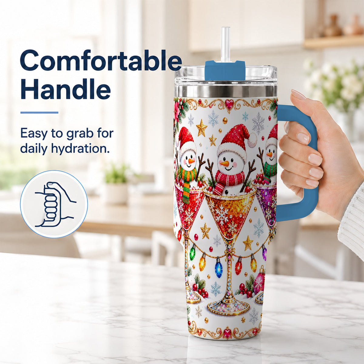 #pl[40oz|Blue] Snowman Martini 40oz Tumbler with Handle, Christmas Travel Cup