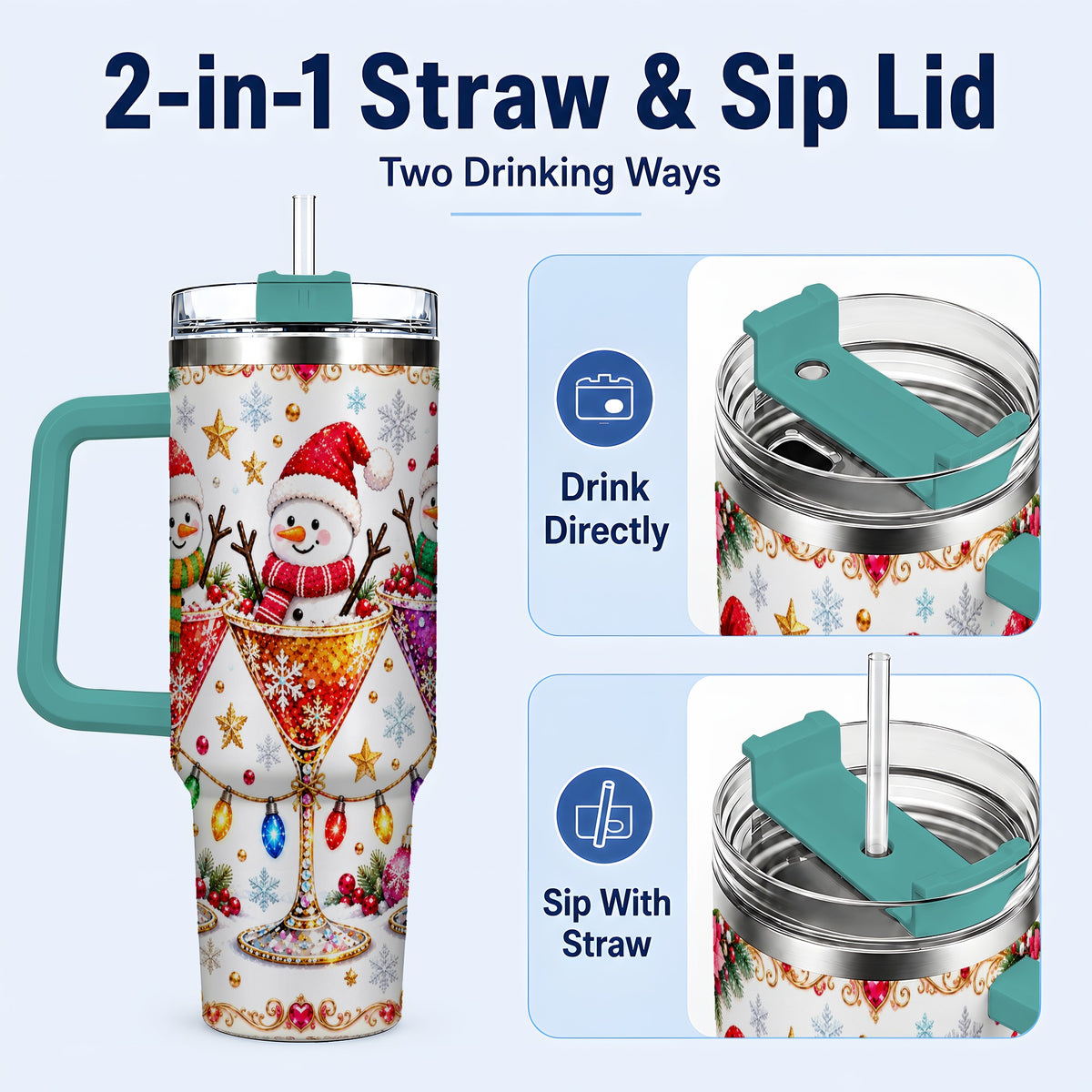 #pl[40oz|Green] Snowman Martini 40oz Tumbler with Handle, Christmas Travel Cup