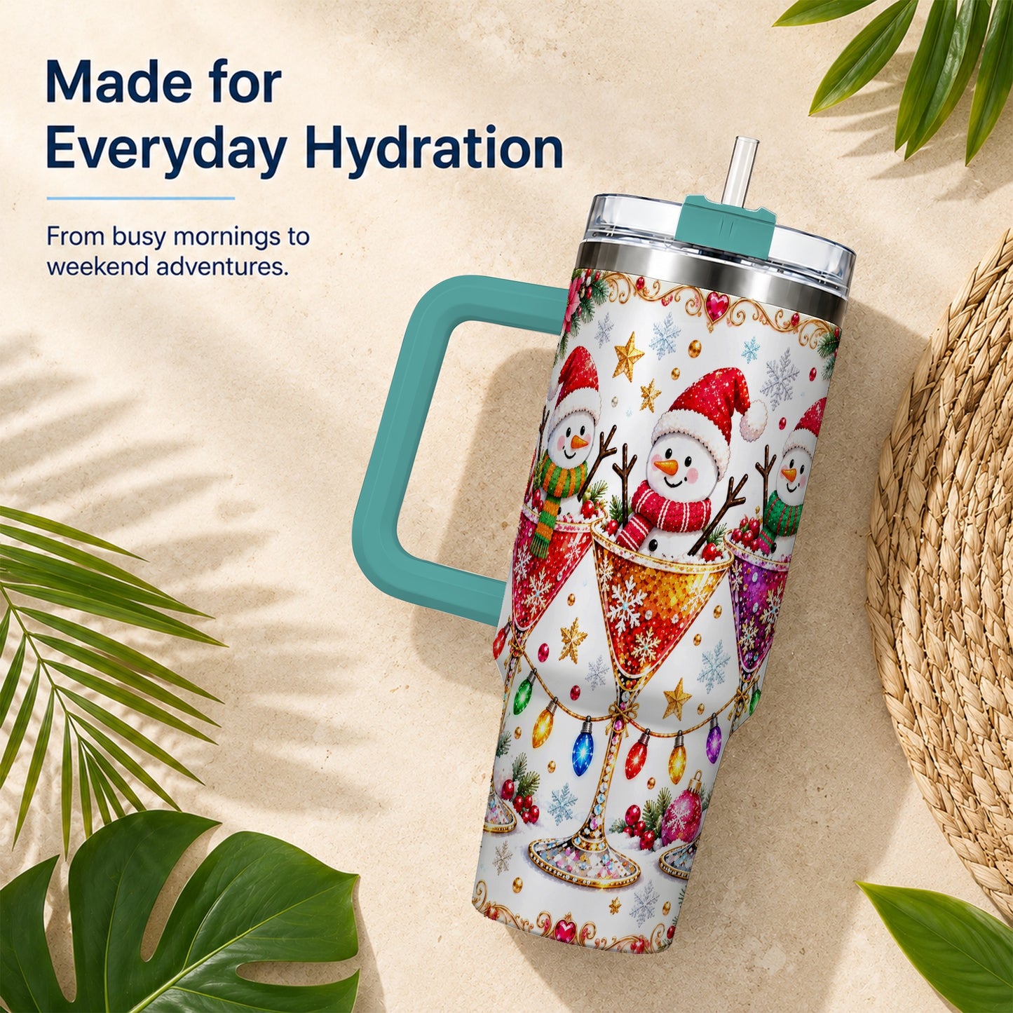 #pl[40oz|Green] Snowman Martini 40oz Tumbler with Handle, Christmas Travel Cup