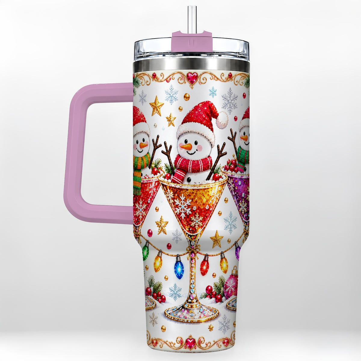 #pl[40oz|Pink] Snowman Martini 40oz Tumbler with Handle, Christmas Travel Cup