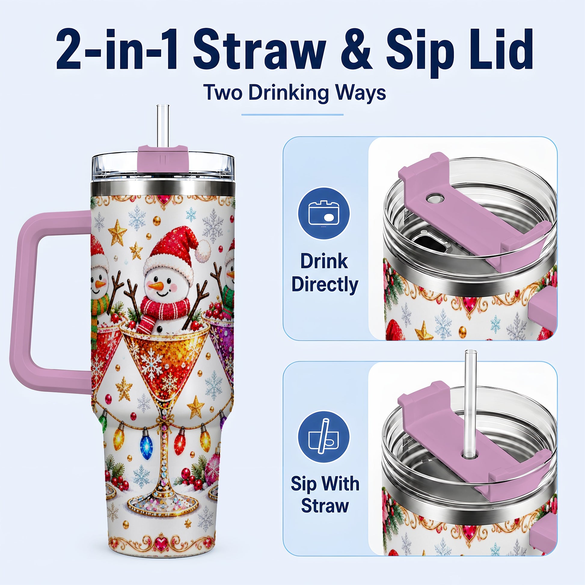 #pl[40oz|Pink] Snowman Martini 40oz Tumbler with Handle, Christmas Travel Cup
