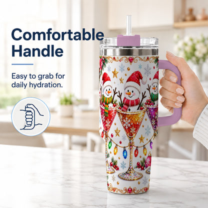 #pl[40oz|Pink] Snowman Martini 40oz Tumbler with Handle, Christmas Travel Cup