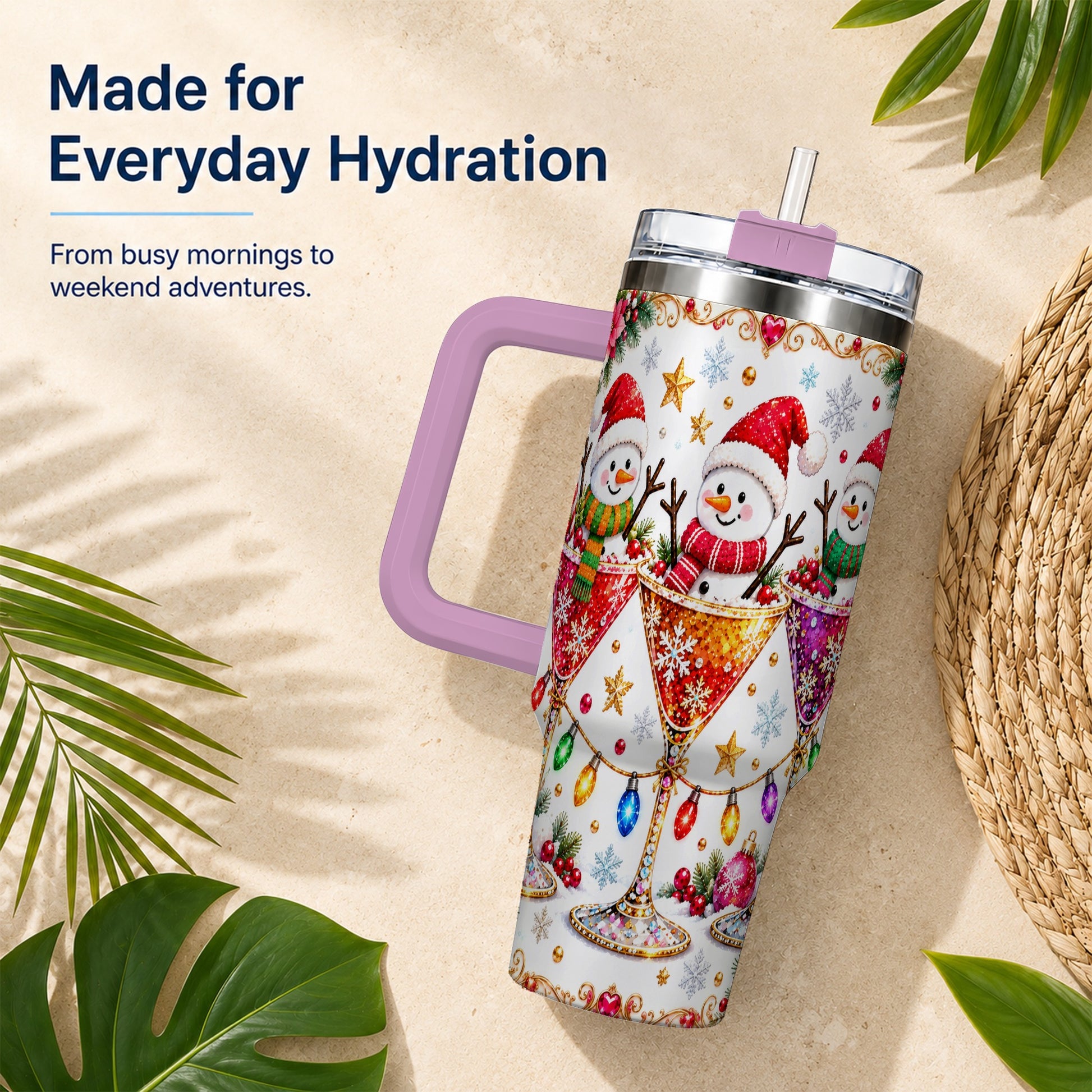 #pl[40oz|Pink] Snowman Martini 40oz Tumbler with Handle, Christmas Travel Cup