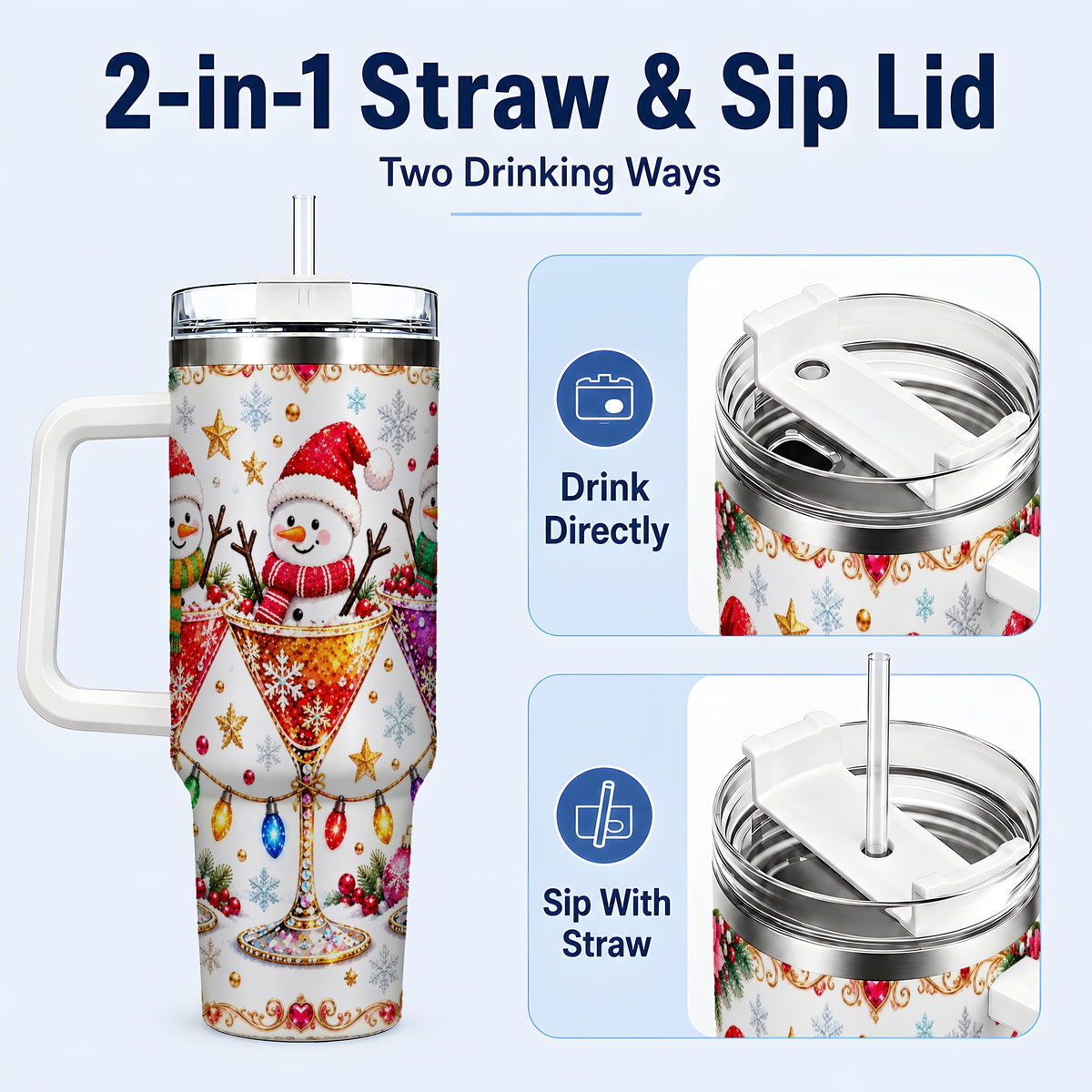 #pl[40oz|White] Snowman Martini 40oz Tumbler with Handle, Christmas Travel Cup