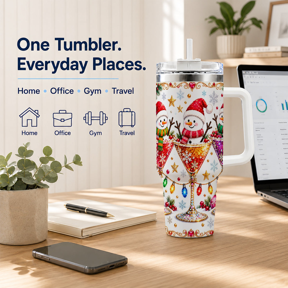 #pl[40oz|White] Snowman Martini 40oz Tumbler with Handle, Christmas Travel Cup