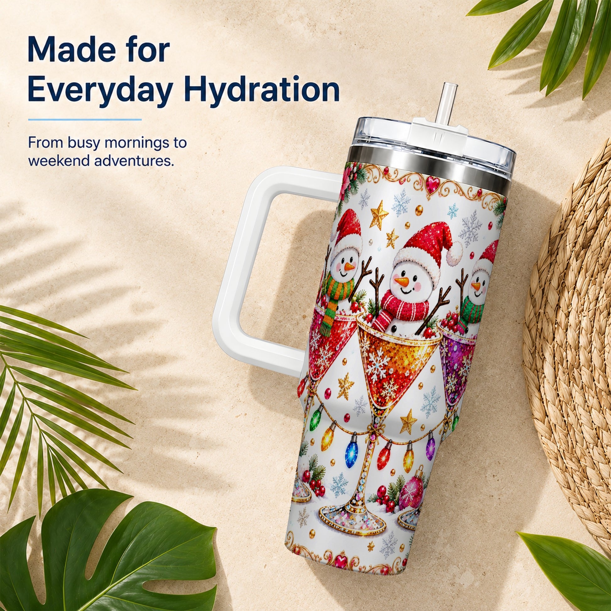 #pl[40oz|White] Snowman Martini 40oz Tumbler with Handle, Christmas Travel Cup