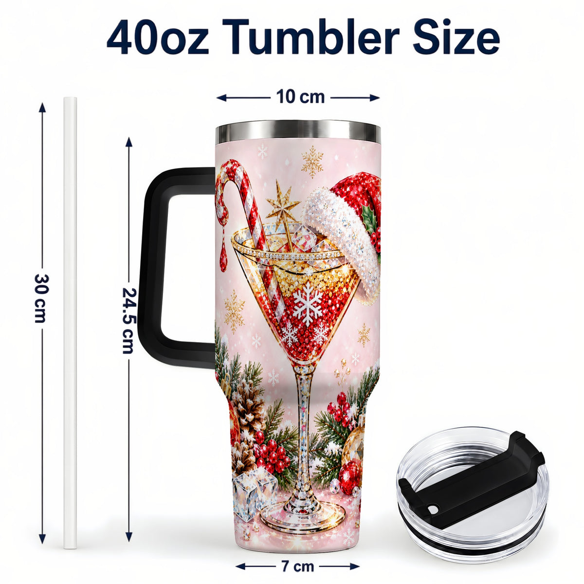 #pl[40oz|Black] Christmas Martini 40oz Tumbler with Handle, Holiday Travel Cup