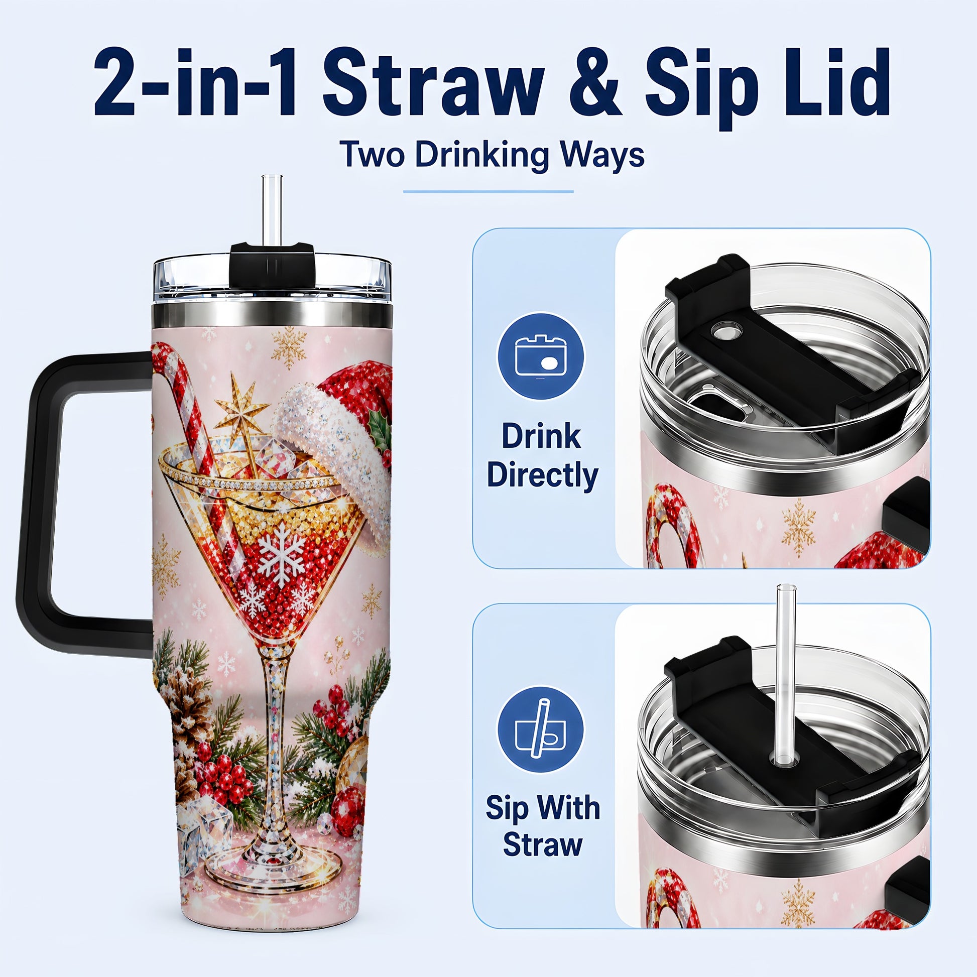 #pl[40oz|Black] Christmas Martini 40oz Tumbler with Handle, Holiday Travel Cup