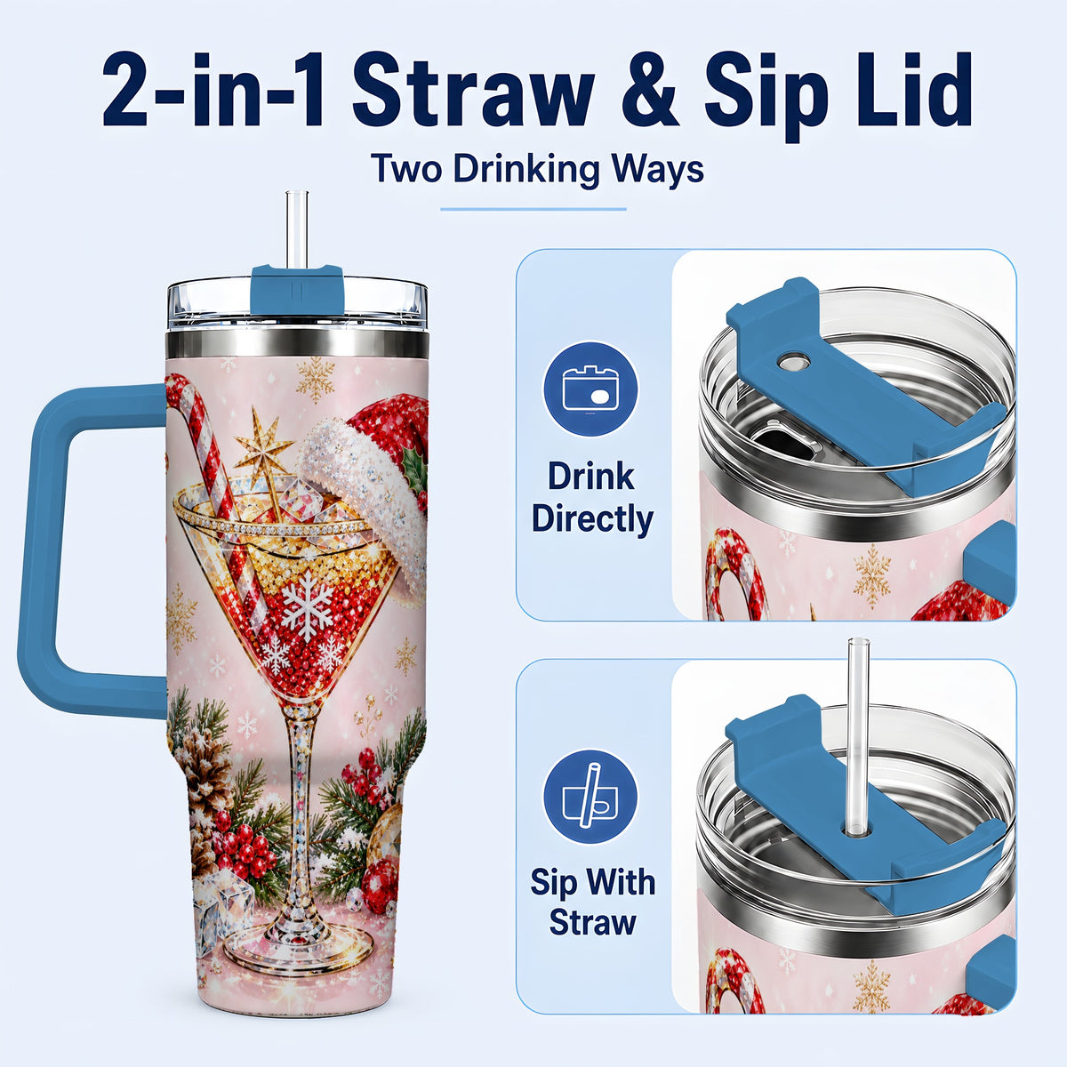 #pl[40oz|Blue] Christmas Martini 40oz Tumbler with Handle, Holiday Travel Cup