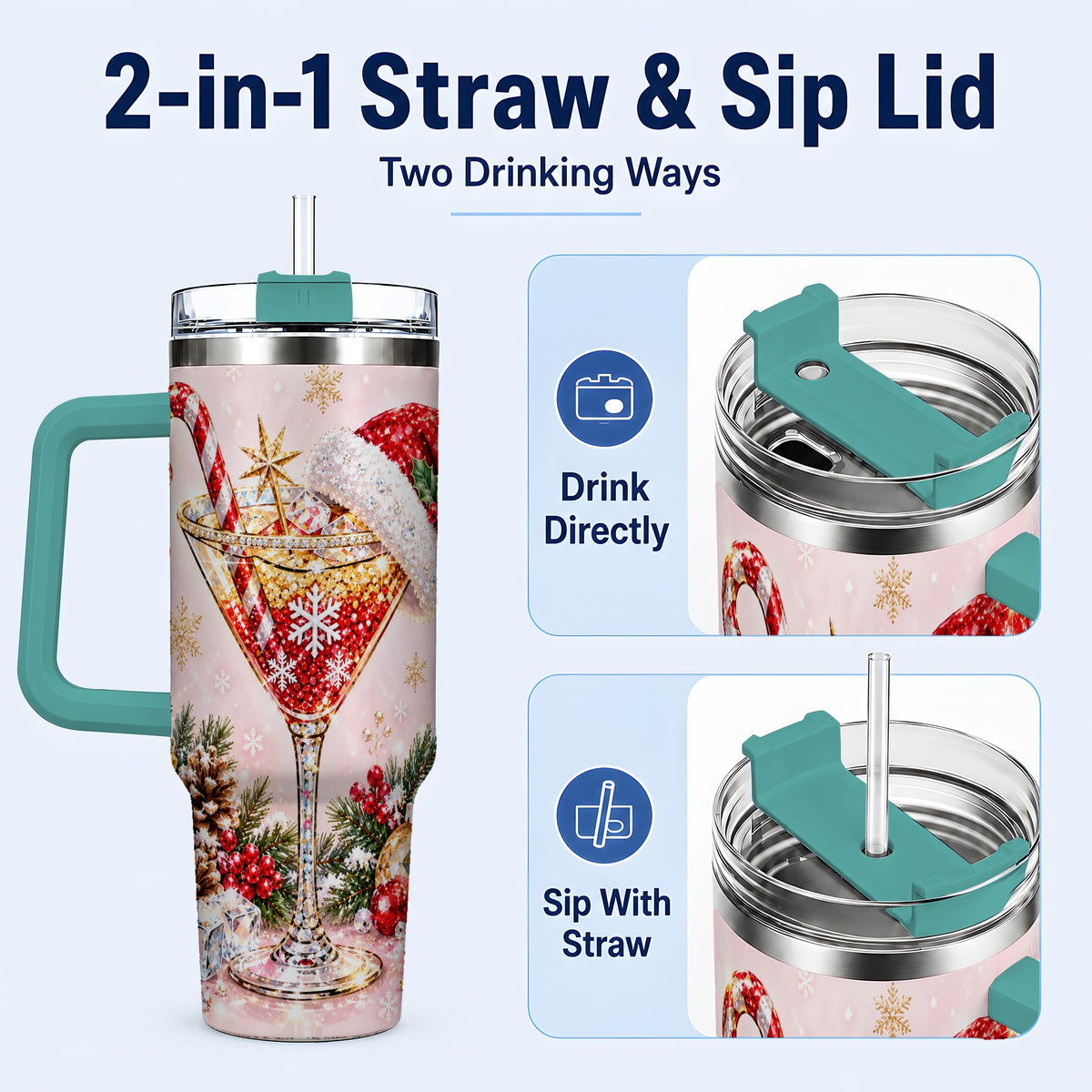 #pl[40oz|Green] Christmas Martini 40oz Tumbler with Handle, Holiday Travel Cup