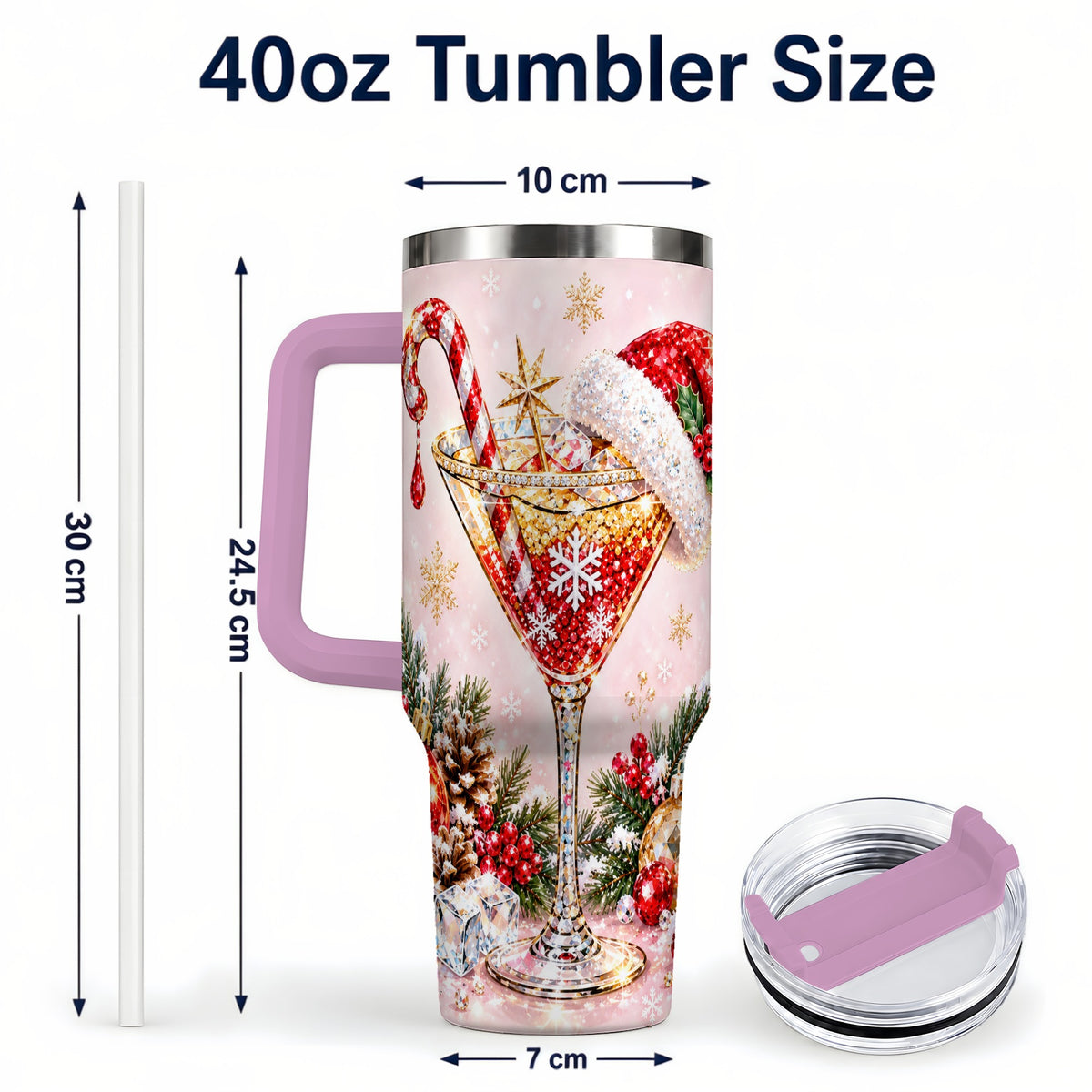 #pl[40oz|Pink] Christmas Martini 40oz Tumbler with Handle, Holiday Travel Cup
