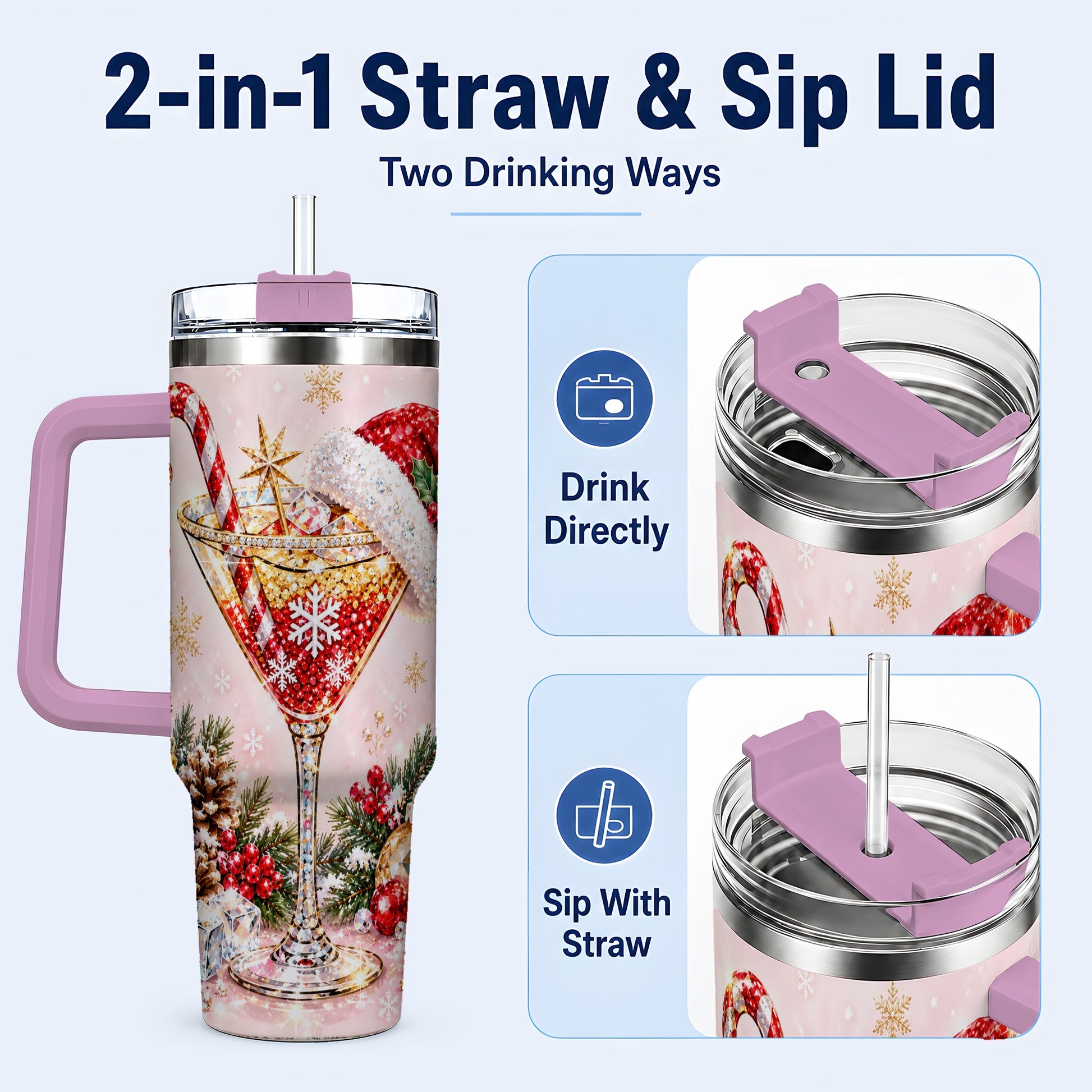 #pl[40oz|Pink] Christmas Martini 40oz Tumbler with Handle, Holiday Travel Cup