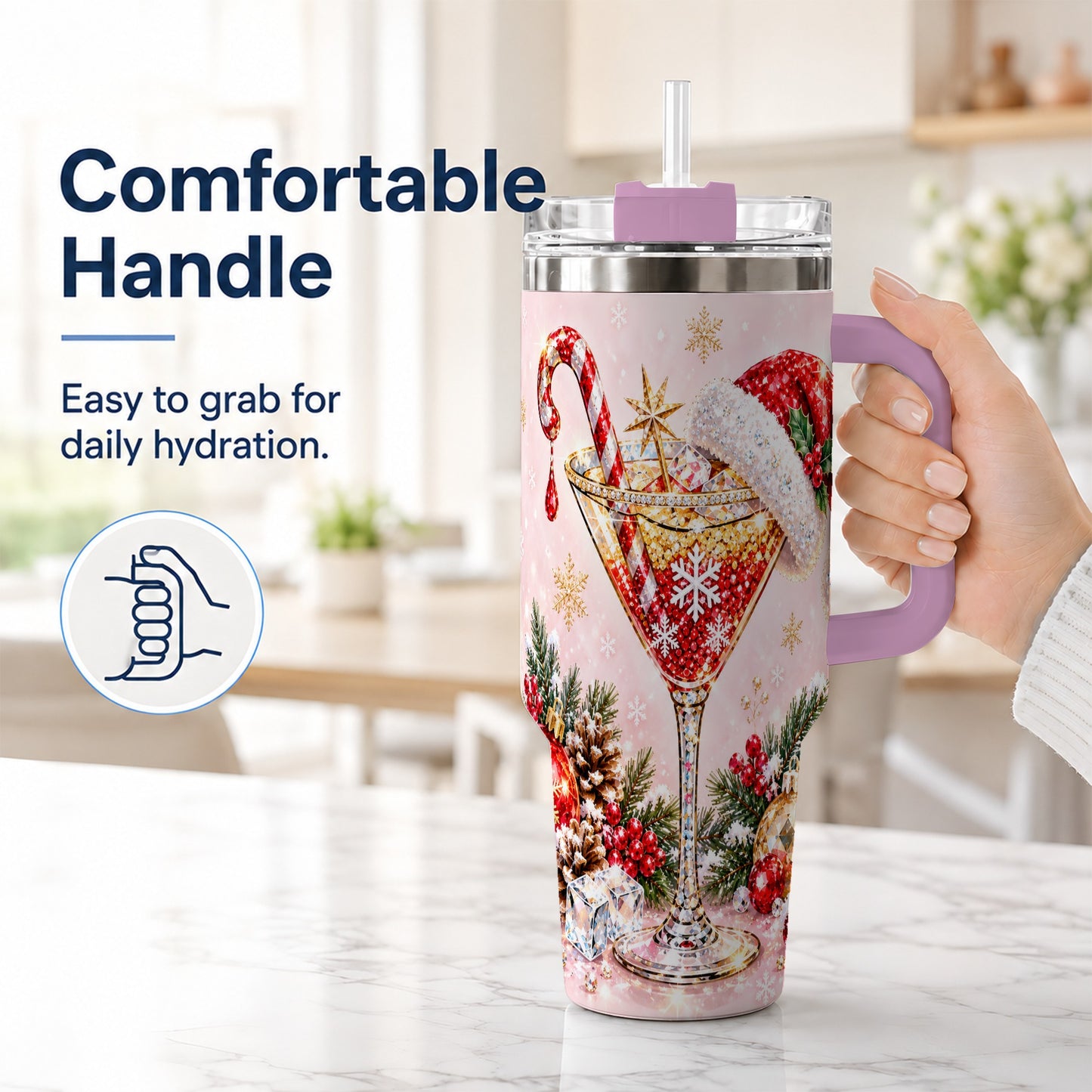 #pl[40oz|Pink] Christmas Martini 40oz Tumbler with Handle, Holiday Travel Cup