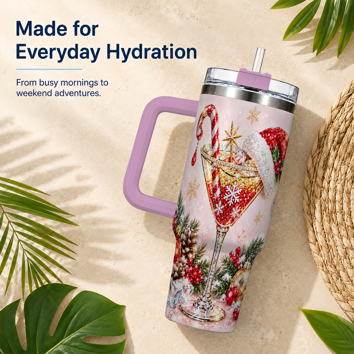 #pl[40oz|Pink] Christmas Martini 40oz Tumbler with Handle, Holiday Travel Cup
