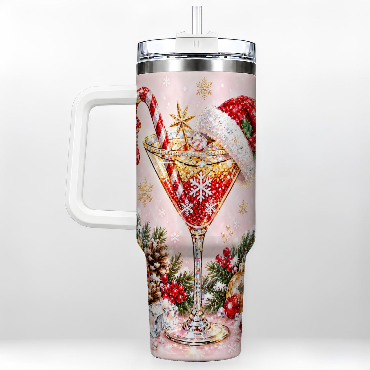 Christmas Martini 40oz Tumbler with Handle, Holiday Travel Cup