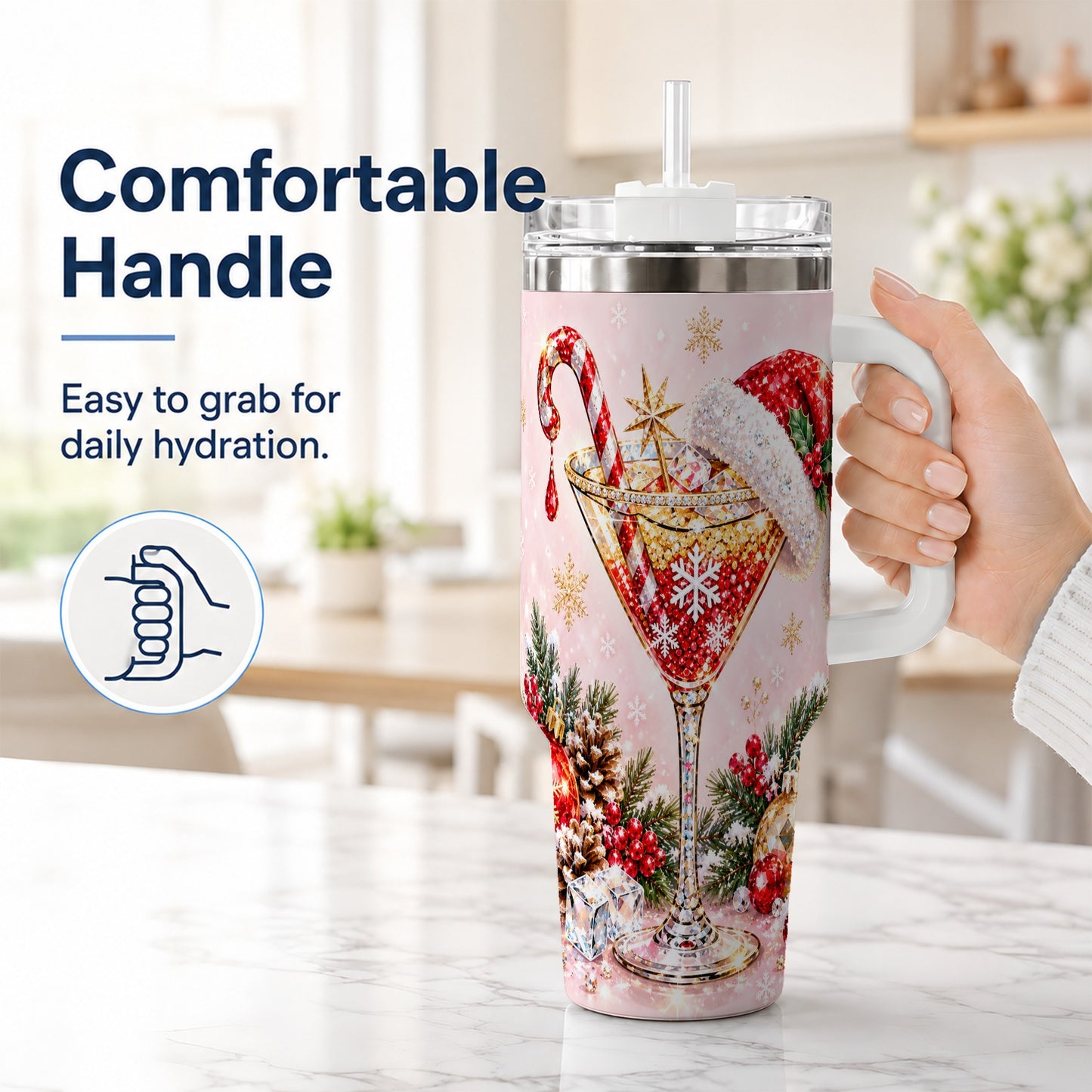 #pl[40oz|White] Christmas Martini 40oz Tumbler with Handle, Holiday Travel Cup