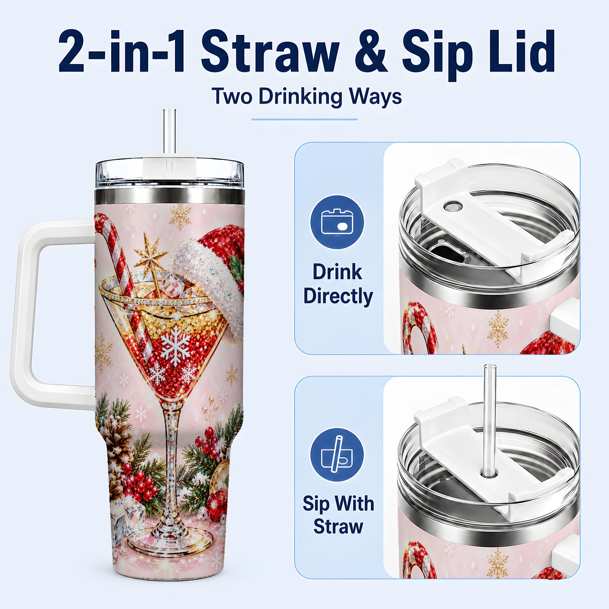 #pl[40oz|White] Christmas Martini 40oz Tumbler with Handle, Holiday Travel Cup