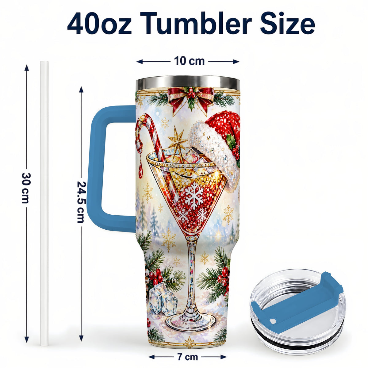 #pl[40oz|Blue] Christmas Cocktail 40oz Tumbler with Handle, Holiday Stainless Steel Cup