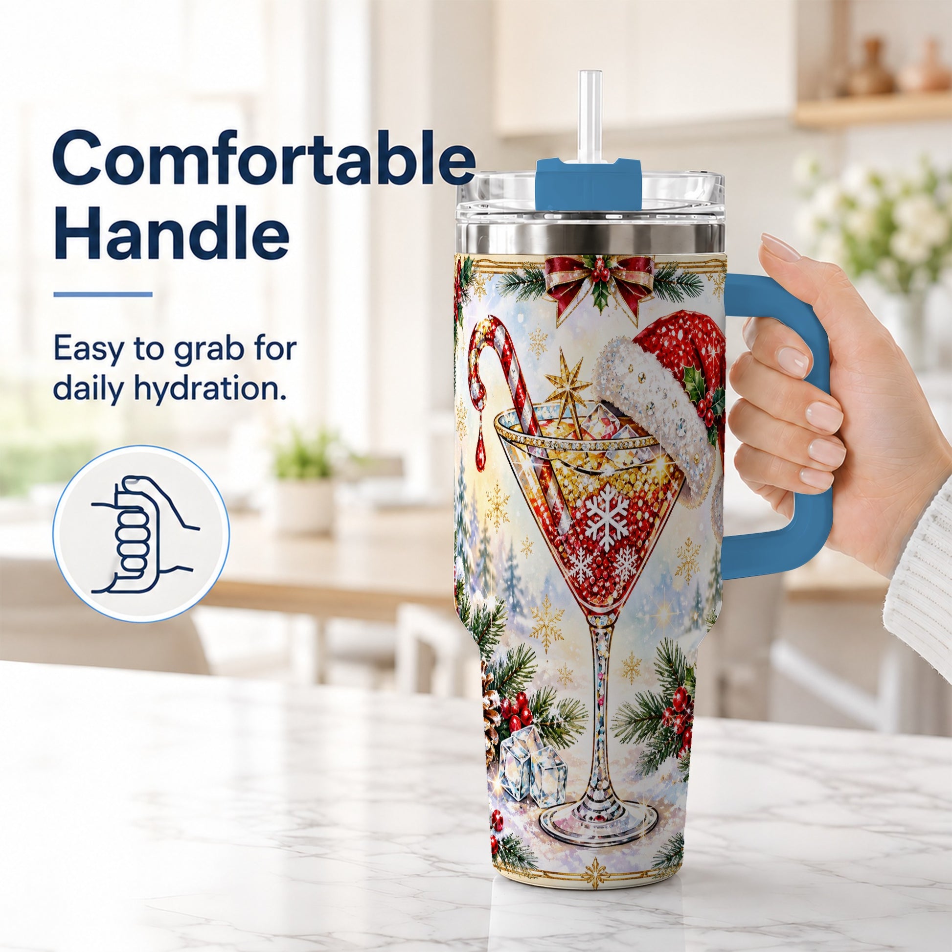 #pl[40oz|Blue] Christmas Cocktail 40oz Tumbler with Handle, Holiday Stainless Steel Cup