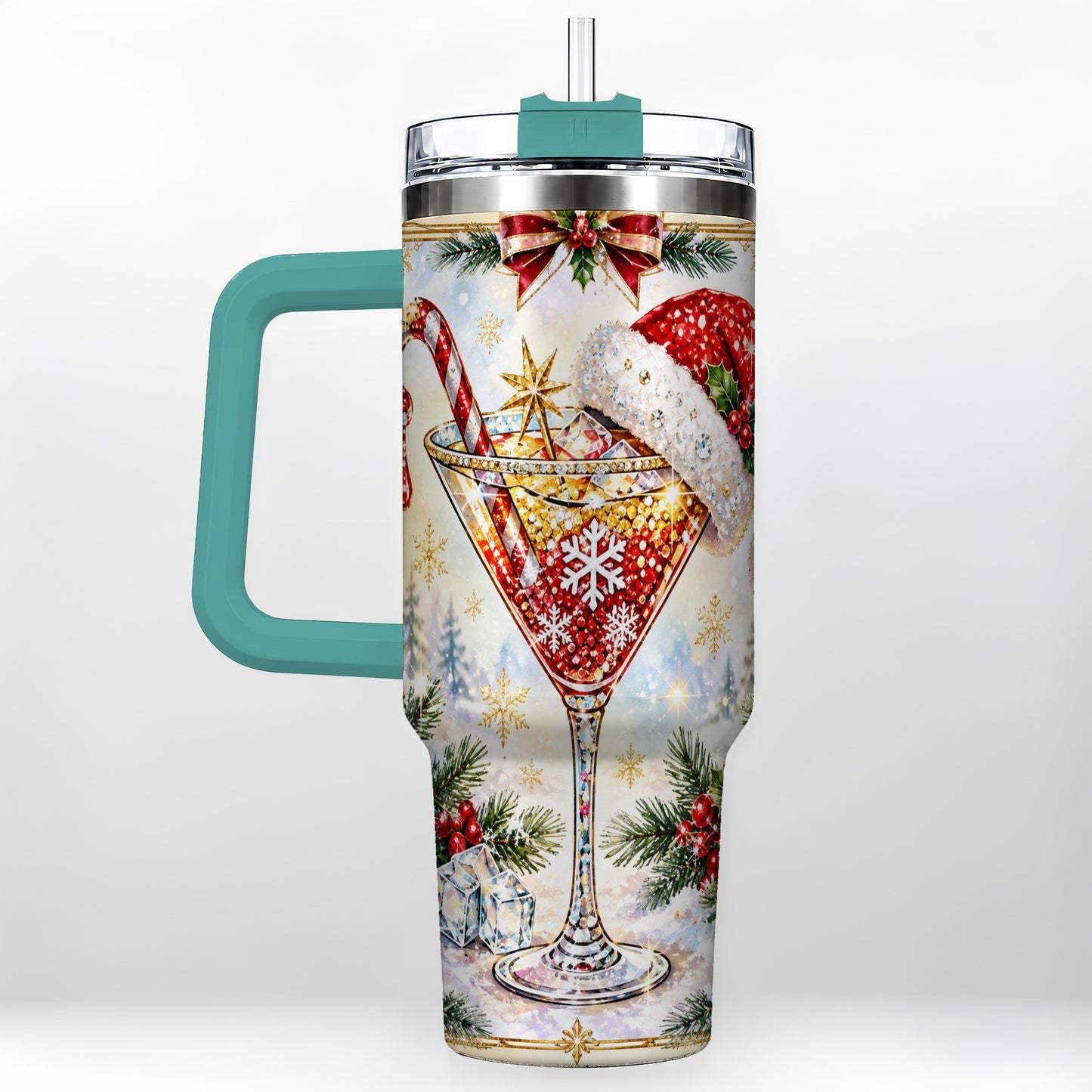 #pl[40oz|Green] Christmas Cocktail 40oz Tumbler with Handle, Holiday Stainless Steel Cup