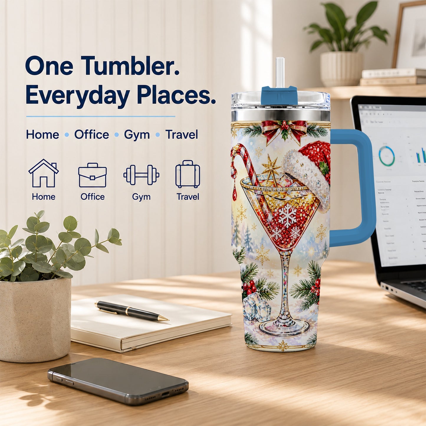 #pl[40oz|Blue] Christmas Cocktail 40oz Tumbler with Handle, Holiday Stainless Steel Cup