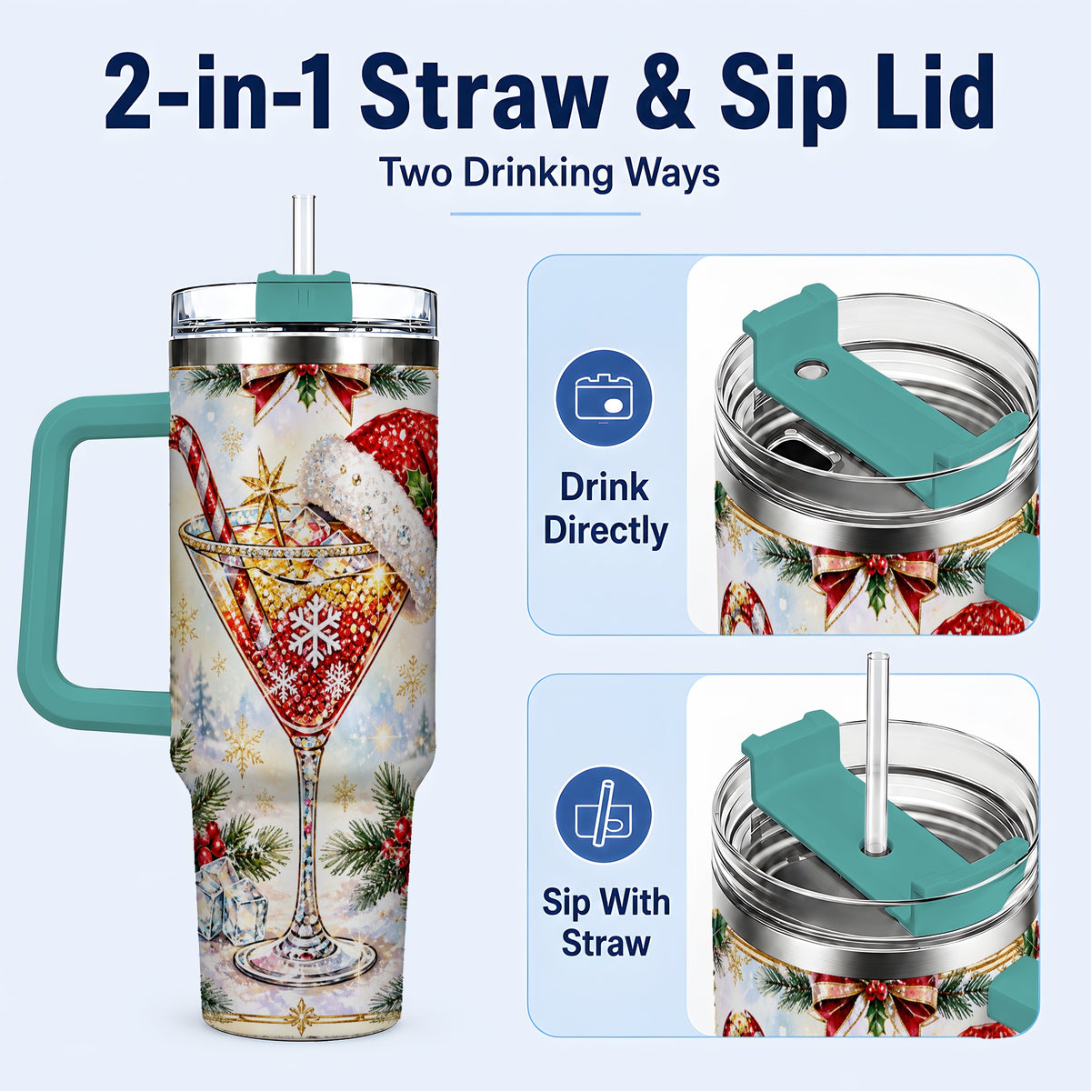 #pl[40oz|Green] Christmas Cocktail 40oz Tumbler with Handle, Holiday Stainless Steel Cup