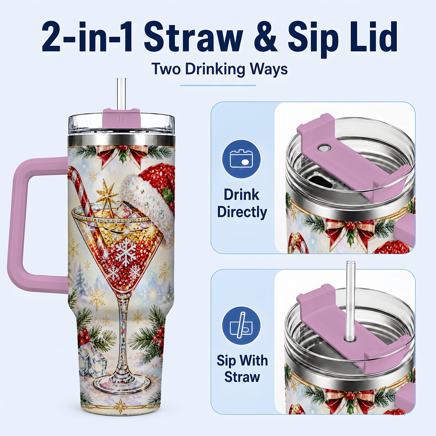 #pl[40oz|Pink] Christmas Cocktail 40oz Tumbler with Handle, Holiday Stainless Steel Cup