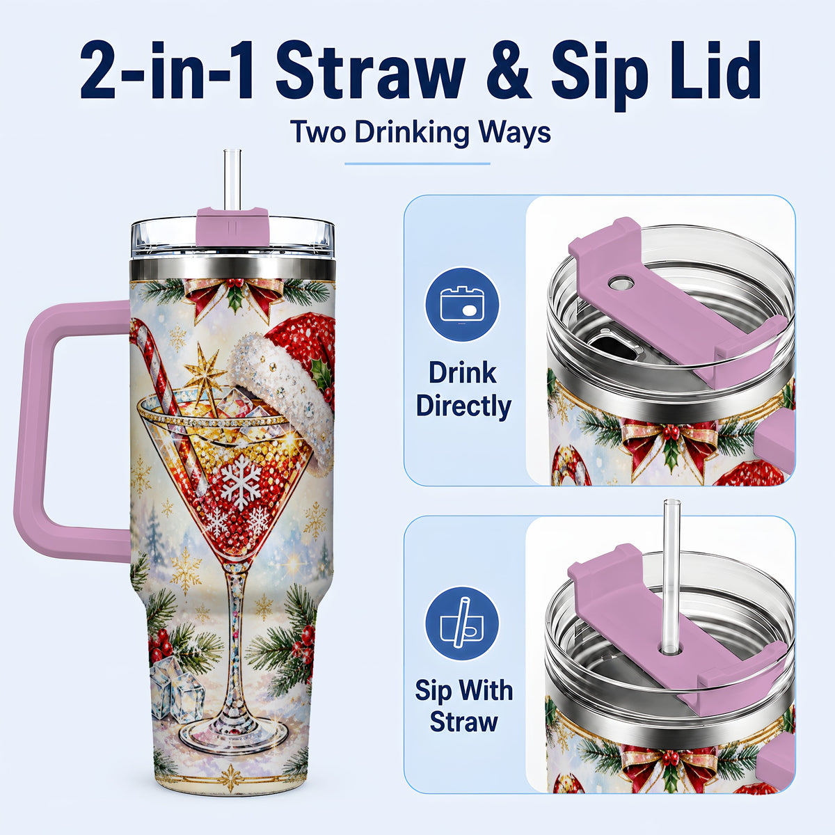 #pl[40oz|Pink] Christmas Cocktail 40oz Tumbler with Handle, Holiday Stainless Steel Cup