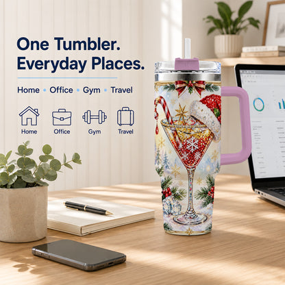 #pl[40oz|Pink] Christmas Cocktail 40oz Tumbler with Handle, Holiday Stainless Steel Cup
