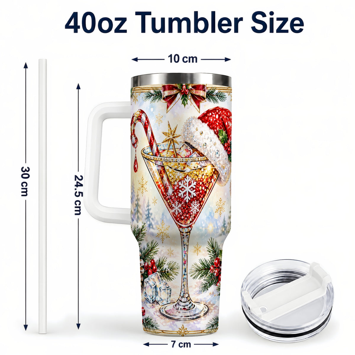 #pl[40oz|White] Christmas Cocktail 40oz Tumbler with Handle, Holiday Stainless Steel Cup