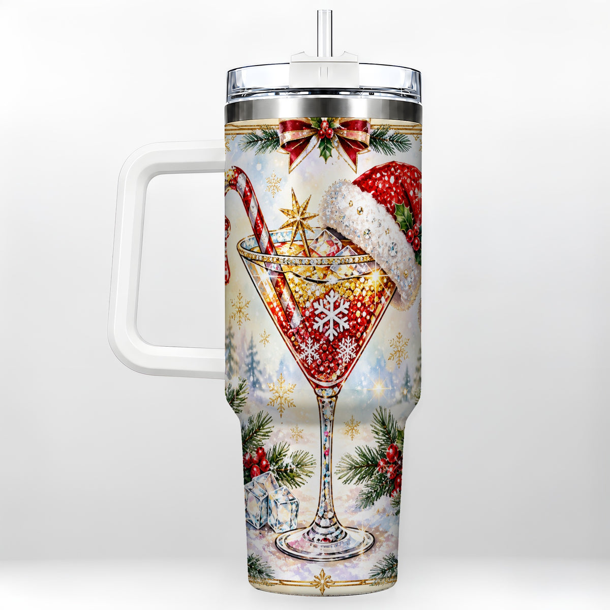 Christmas Cocktail 40oz Tumbler with Handle, Holiday Stainless Steel Cup
