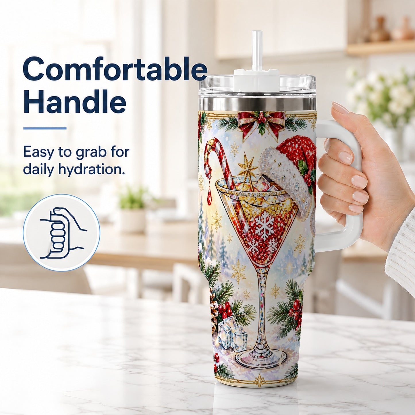#pl[40oz|White] Christmas Cocktail 40oz Tumbler with Handle, Holiday Stainless Steel Cup