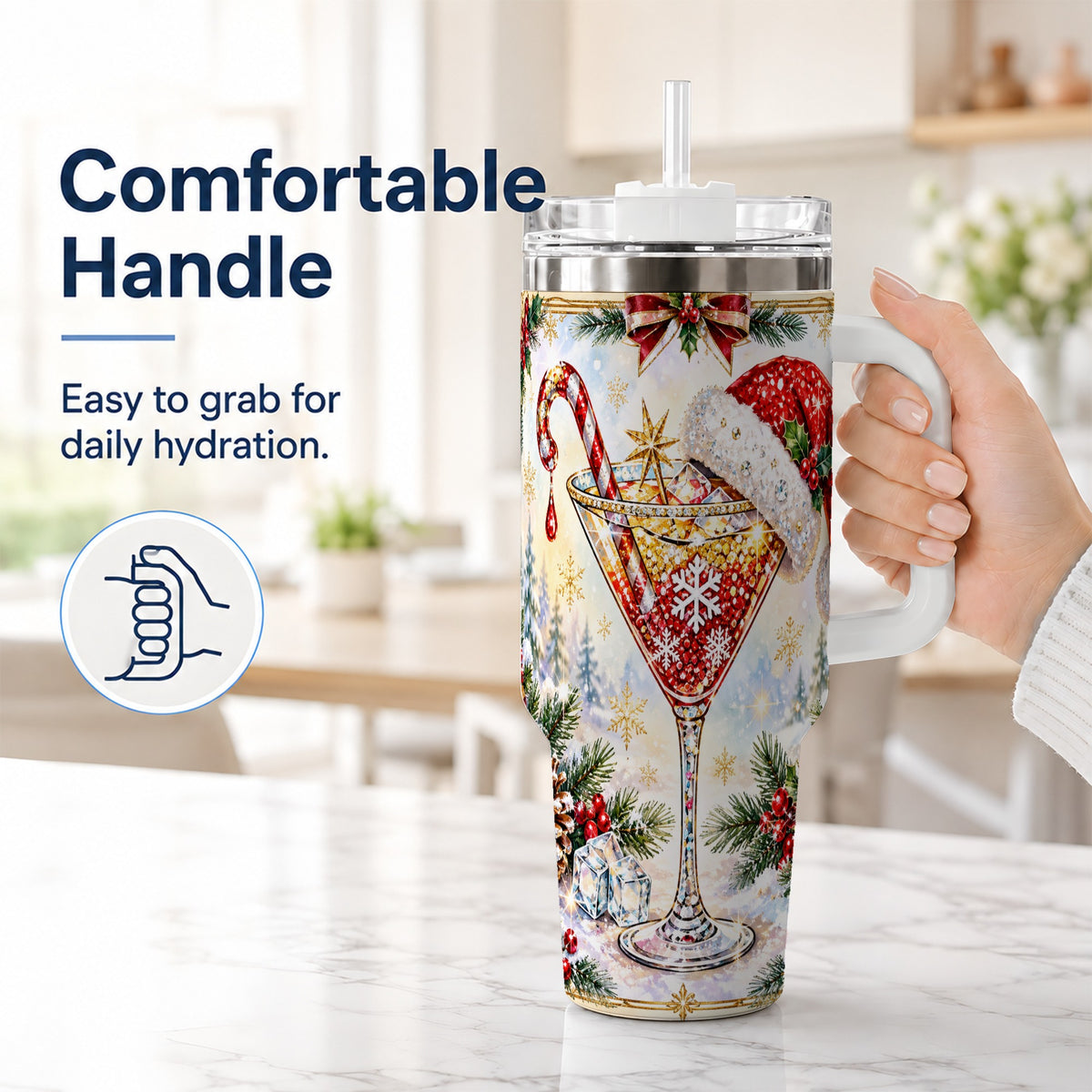 #pl[40oz|White] Christmas Cocktail 40oz Tumbler with Handle, Holiday Stainless Steel Cup