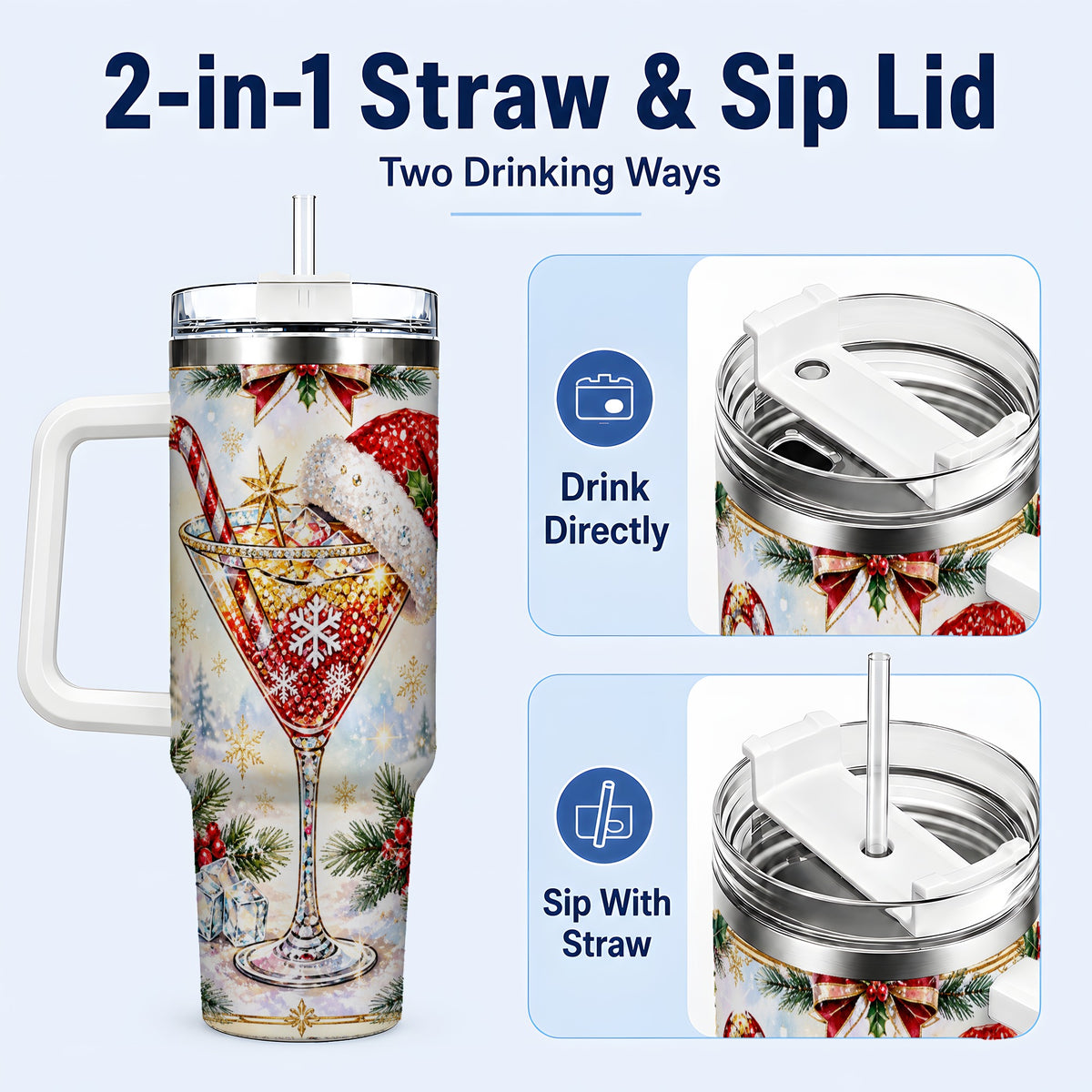 #pl[40oz|White] Christmas Cocktail 40oz Tumbler with Handle, Holiday Stainless Steel Cup
