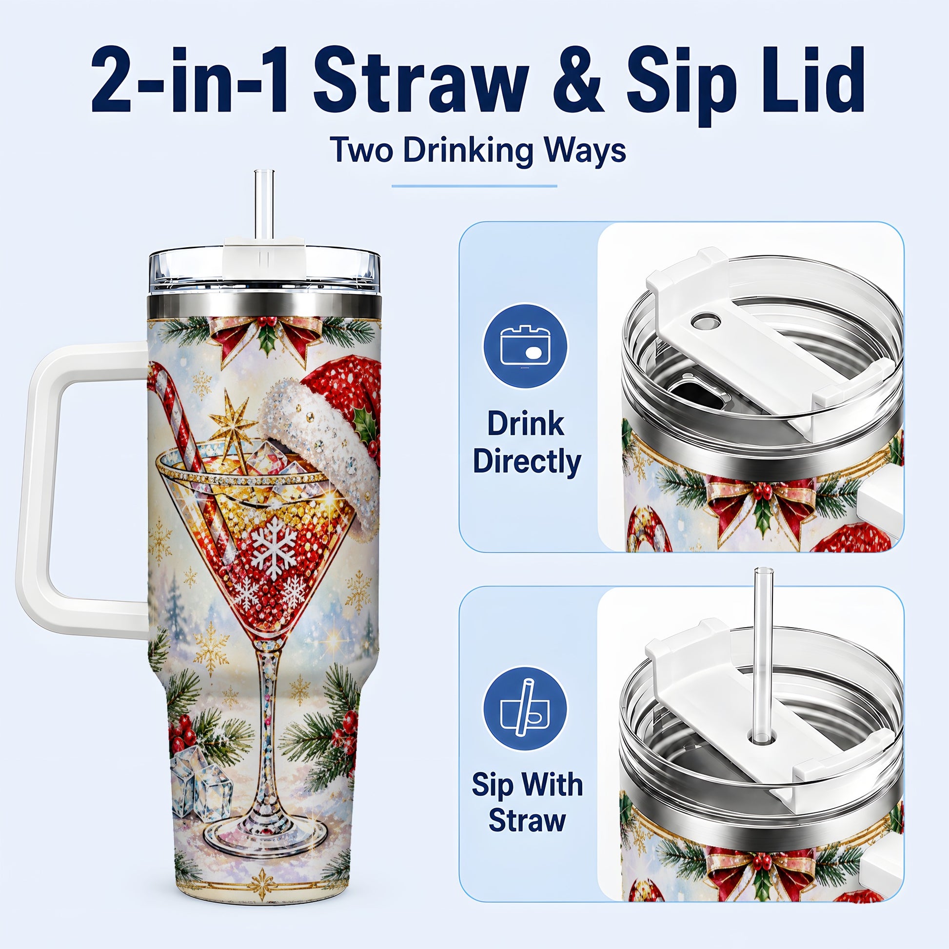 #pl[40oz|White] Christmas Cocktail 40oz Tumbler with Handle, Holiday Stainless Steel Cup