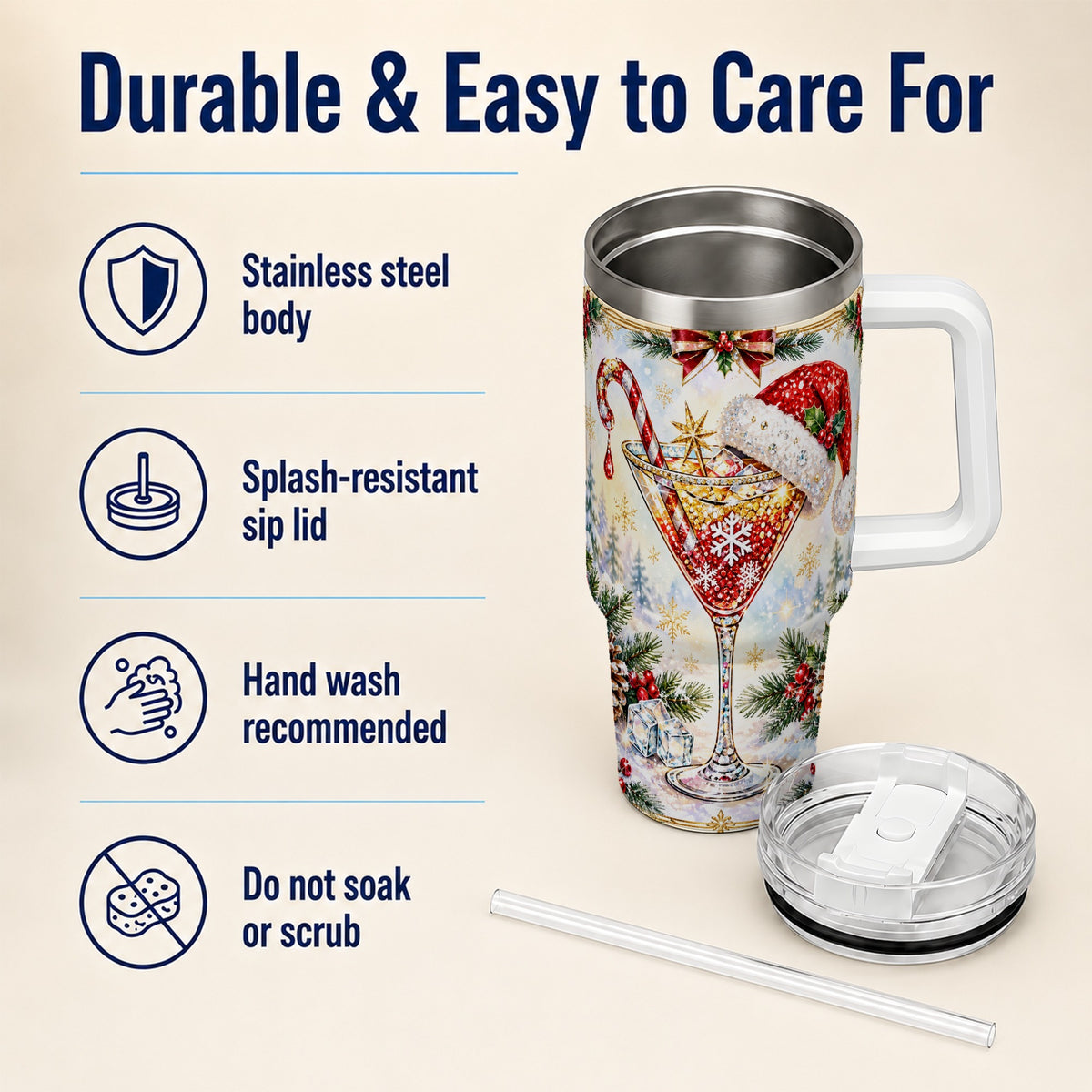 #pl[40oz|White] Christmas Cocktail 40oz Tumbler with Handle, Holiday Stainless Steel Cup
