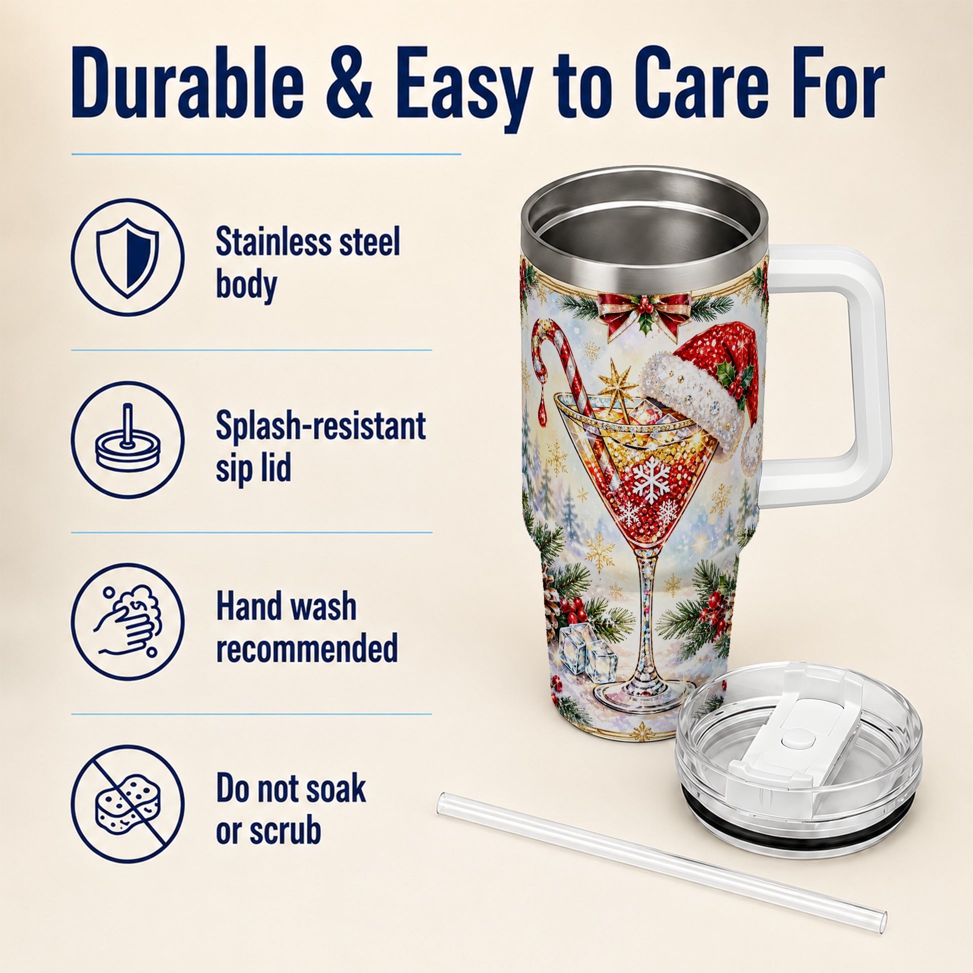 #pl[40oz|White] Christmas Cocktail 40oz Tumbler with Handle, Holiday Stainless Steel Cup