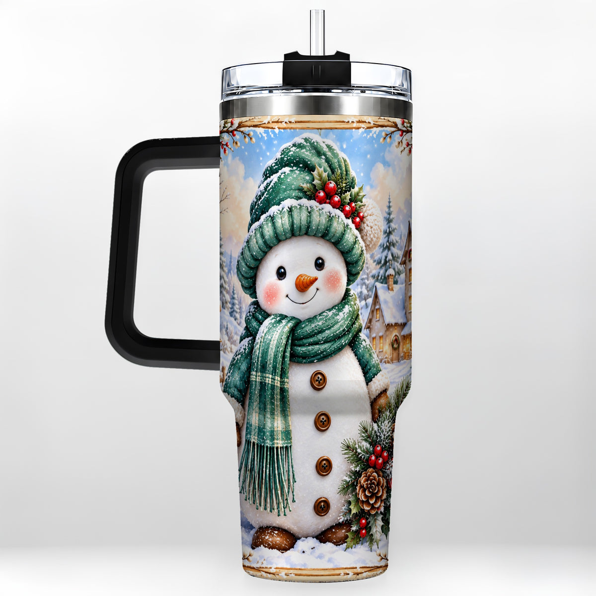 #pl[40oz|Black] Christmas Snowman 40oz Tumbler with Handle, Winter Stainless Steel Cup