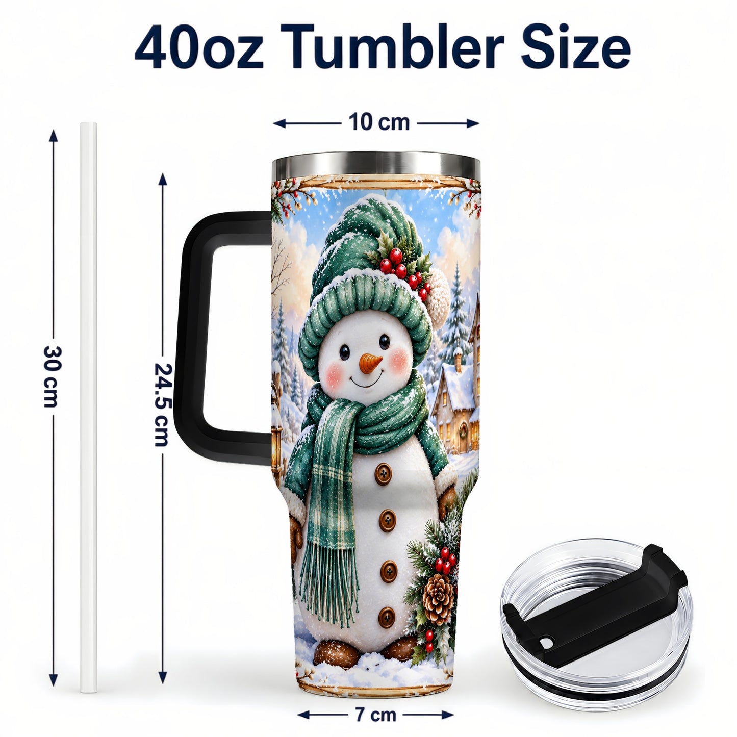 #pl[40oz|Black] Christmas Snowman 40oz Tumbler with Handle, Winter Stainless Steel Cup