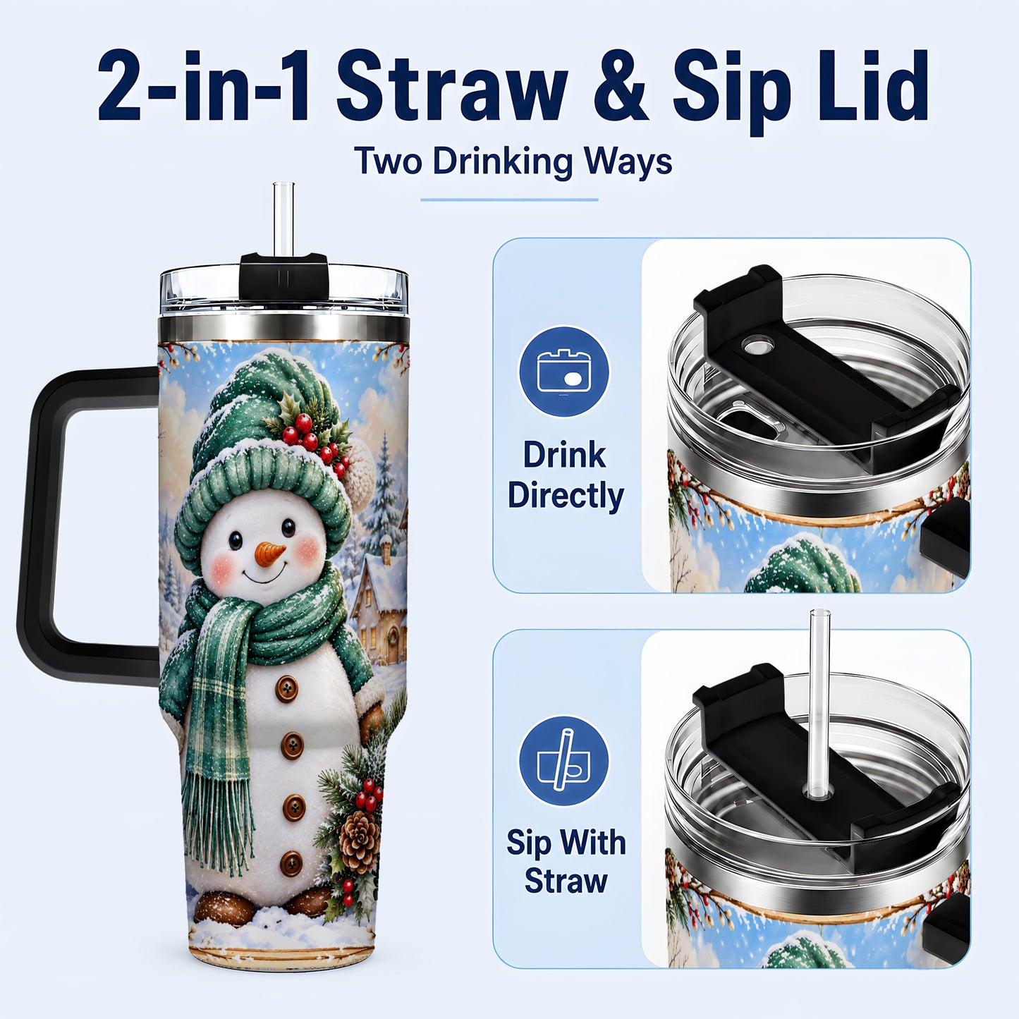 #pl[40oz|Black] Christmas Snowman 40oz Tumbler with Handle, Winter Stainless Steel Cup