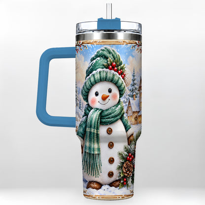 #pl[40oz|Blue] Christmas Snowman 40oz Tumbler with Handle, Winter Stainless Steel Cup