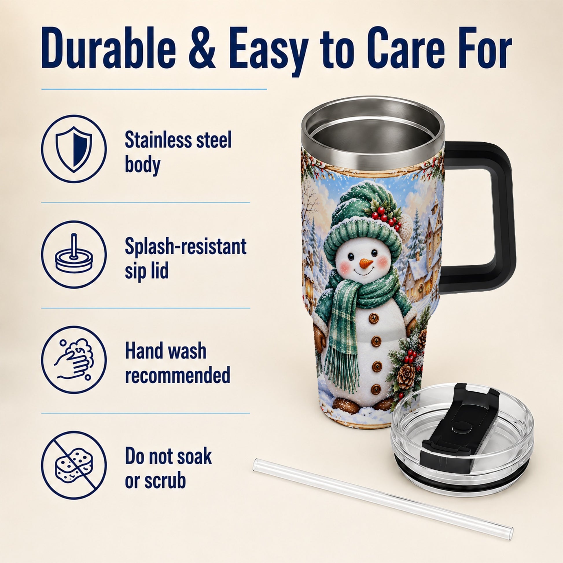 #pl[40oz|Black] Christmas Snowman 40oz Tumbler with Handle, Winter Stainless Steel Cup