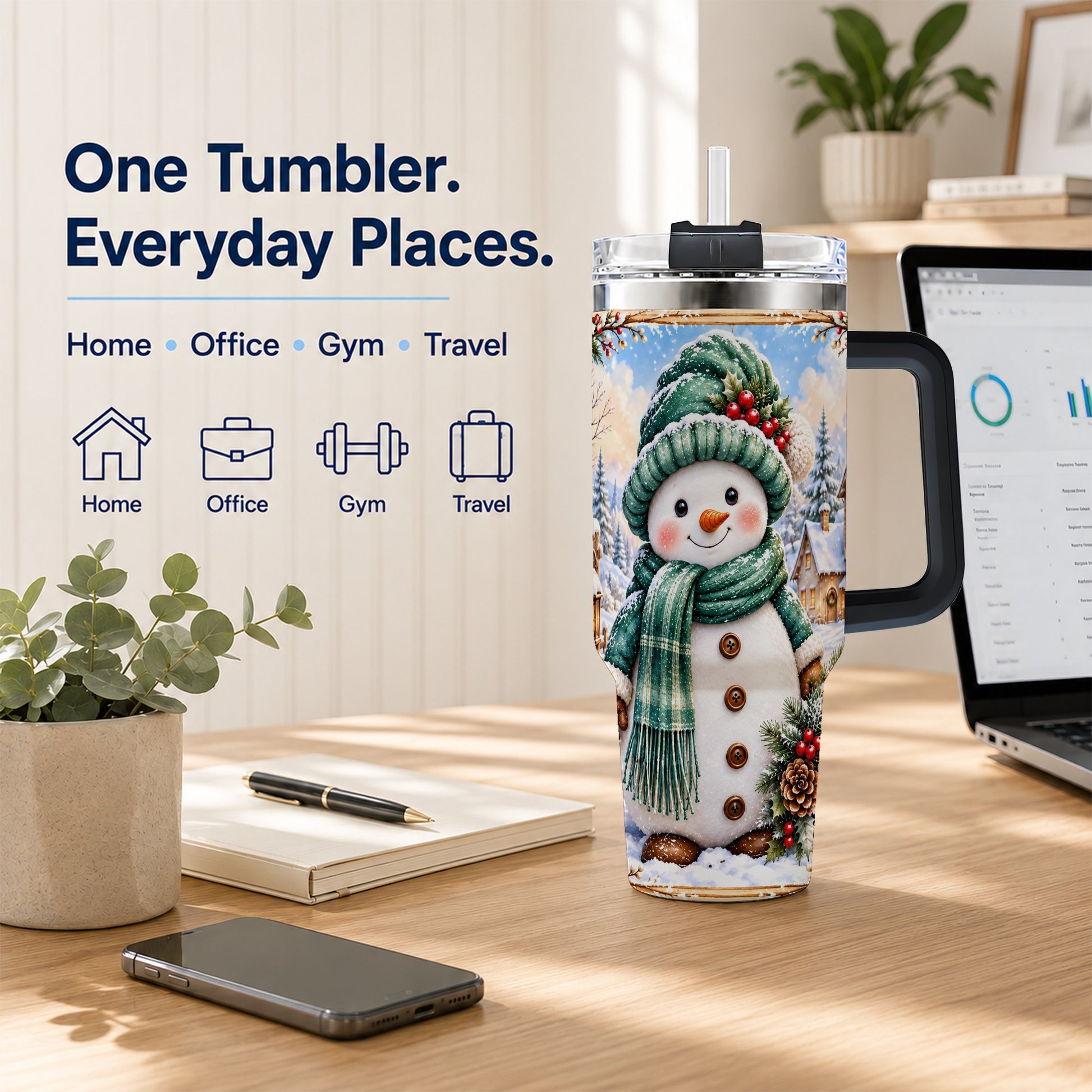 #pl[40oz|Black] Christmas Snowman 40oz Tumbler with Handle, Winter Stainless Steel Cup