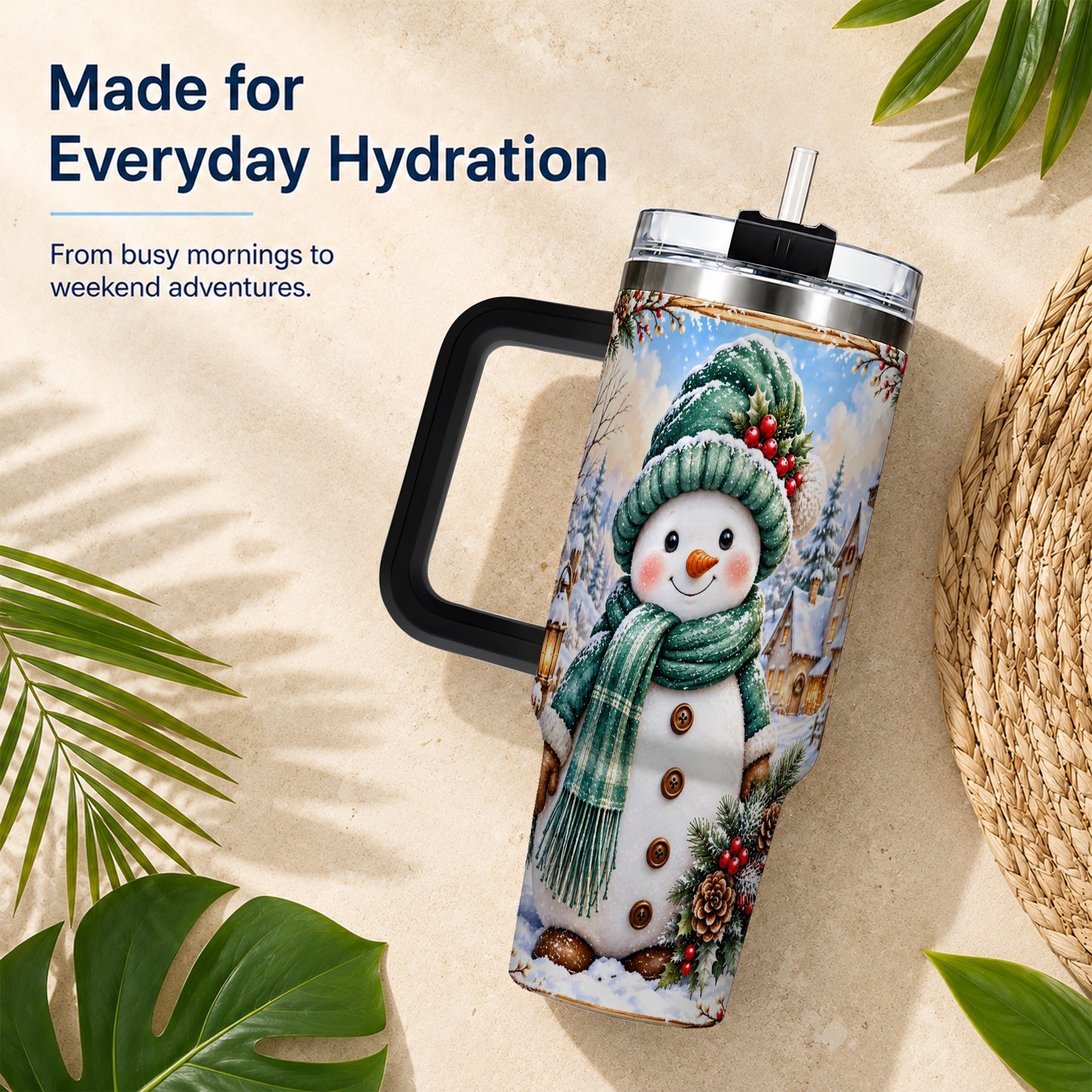 #pl[40oz|Black] Christmas Snowman 40oz Tumbler with Handle, Winter Stainless Steel Cup