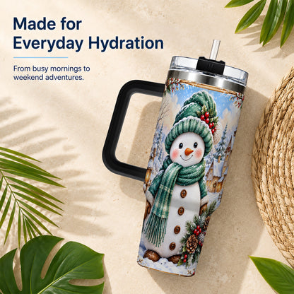 #pl[40oz|Black] Christmas Snowman 40oz Tumbler with Handle, Winter Stainless Steel Cup