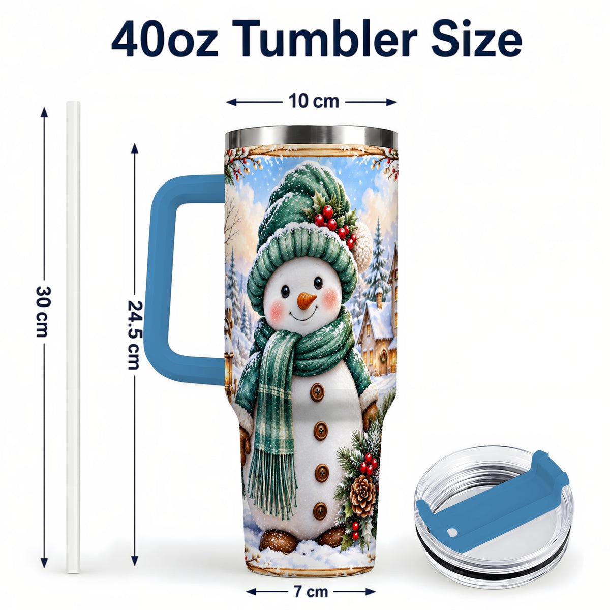 #pl[40oz|Blue] Christmas Snowman 40oz Tumbler with Handle, Winter Stainless Steel Cup