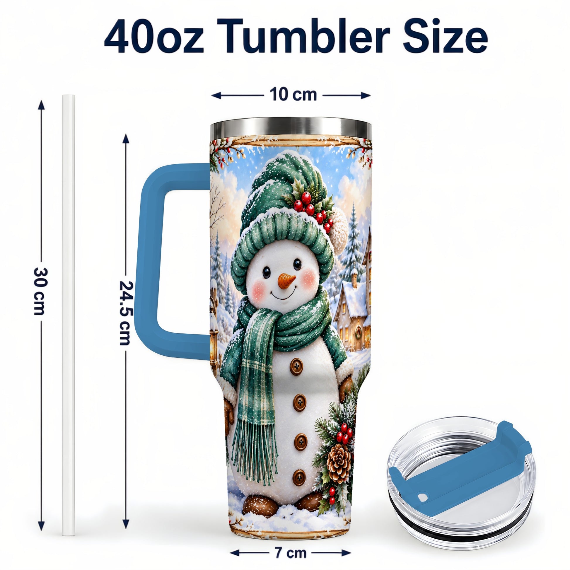 #pl[40oz|Blue] Christmas Snowman 40oz Tumbler with Handle, Winter Stainless Steel Cup