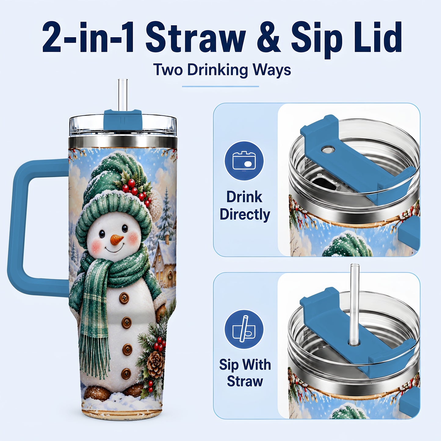 #pl[40oz|Blue] Christmas Snowman 40oz Tumbler with Handle, Winter Stainless Steel Cup