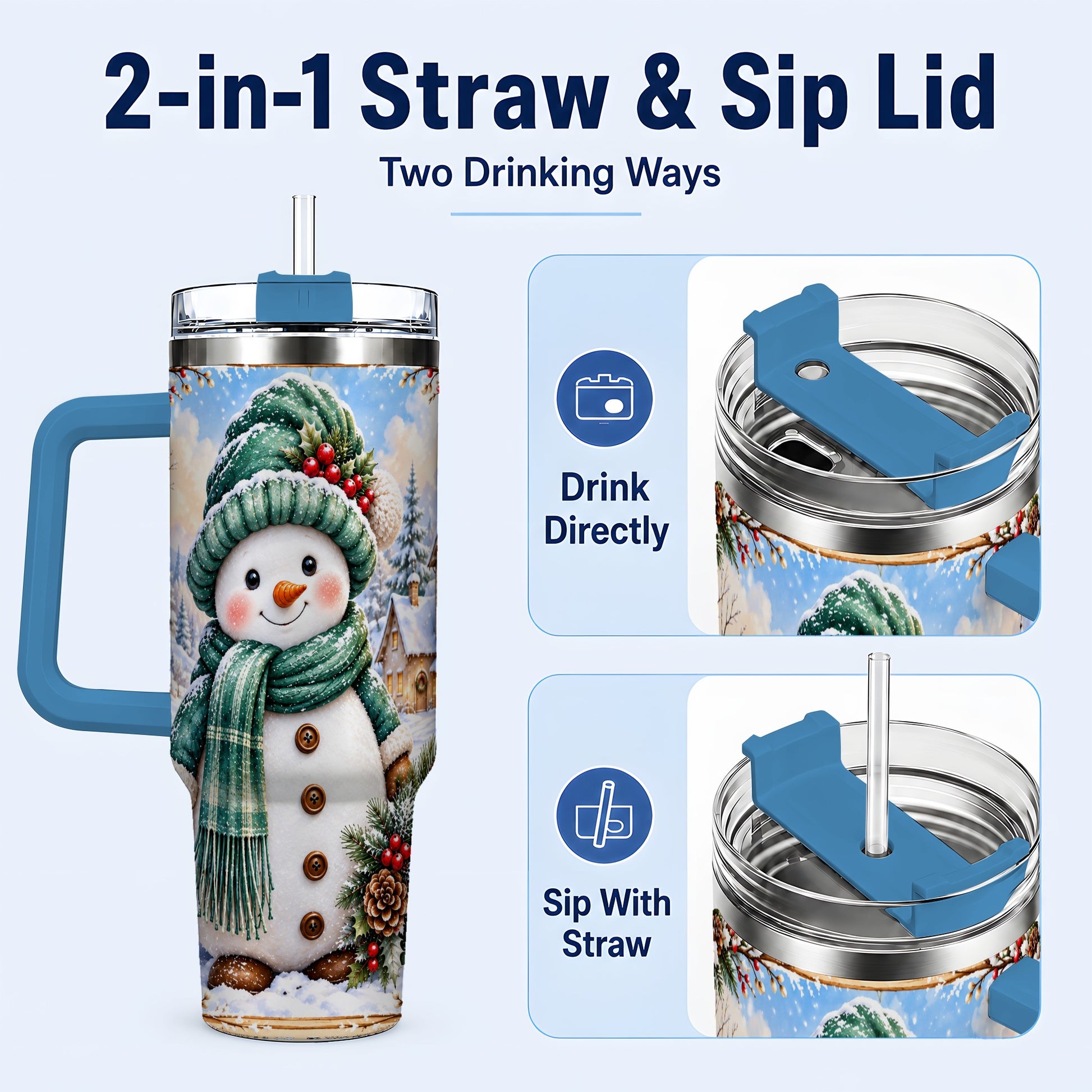 #pl[40oz|Blue] Christmas Snowman 40oz Tumbler with Handle, Winter Stainless Steel Cup