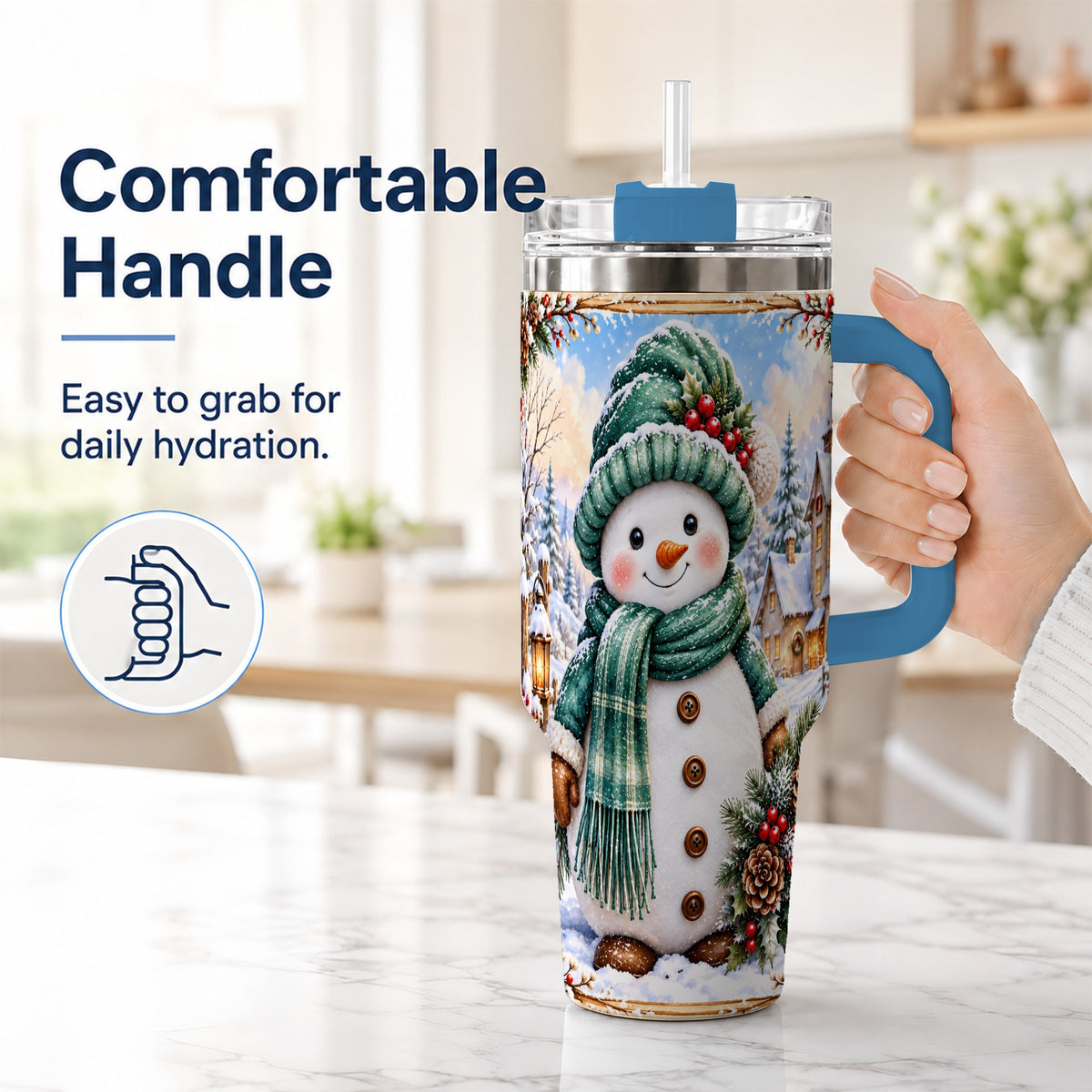#pl[40oz|Blue] Christmas Snowman 40oz Tumbler with Handle, Winter Stainless Steel Cup